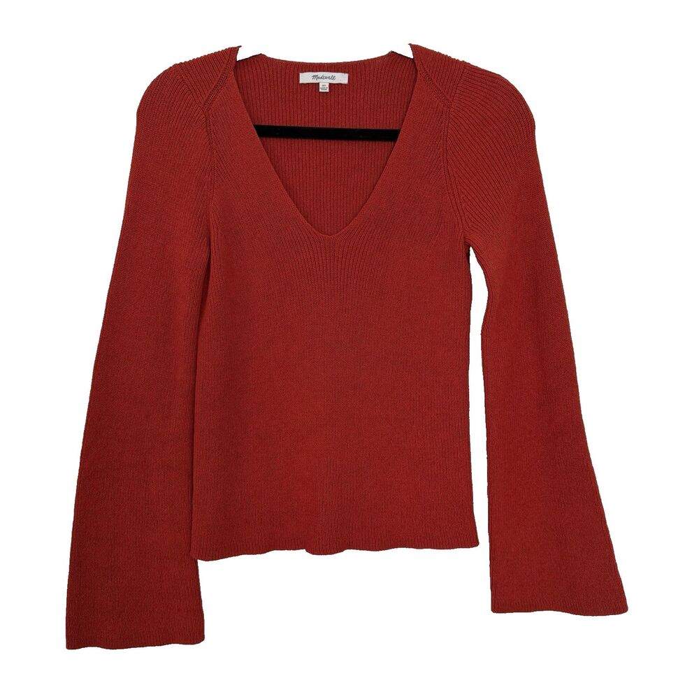 Madewell Flared-Sleeve V-Neck Sweater Burnt Orange Size XS Women's Knit Pullover